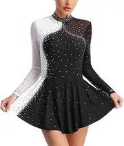 [Generic] Women's Sparkly Rhinestone Figure Skating Ballet Dance Dress Mesh Long Sleeve Leotard Gymnastics Performance Dancewear