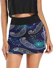 [RPLIFE] Otters Ocean Navy Women's Skort, Womens Mini Skirts High Waisted, Elastic Waist Skirt