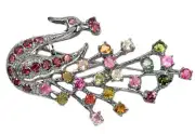 Fine Tourmaline Rhodolite Garnet Cluster Peacock Bird Brooch Sterling Silver 925