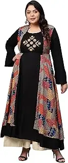 [Yash Gallery] Women's Rayon Jacket Style 3/4 Sleeve Round Neck Long Indian Anarkali Kurtis, Black., XX-Large