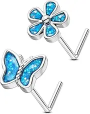 [OUFER] 2PCS 20G Nose Rings Studs, L-Shaped Nose Piercings Jewelry for Women Men, Butterfly and Flower Blue Glitter Nostril Piercing jewelry-7MM
