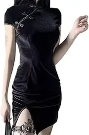 [YUDATPG] Modern Chinese Cheongsam Short Sleeve Slim Fit Side Slit Dress Dating Club Wear Evening Dress Halloween Costumes Women Bodycon Mandarin Collar Mini Dress