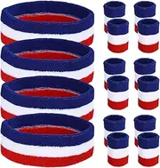 48 PCS Sweatband Wristband Set, Red White Blue Sweatband Set, 32 Wristbands and 16 Headbands, Rainbow Striped Sports Headbands Wristbands for Men Women Basketball Football Tennis Fitness