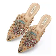Nevenka Womens Rivet Mule Shoes Pointed Toe Comfortable Flat Sandals-Khaki
