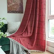 Sutuo Home Boho Curtain for Bedroom 84 Inch Length, Linen Light Filtering Country Farmhouse Vintage Chic Tassels Window Treatment Bohemian Drape for Xmas Decor 1 Panel 52" W x 84" L, Red Plaids