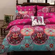 Luxton Boho Mandala Quilt Cover Set, Double Size 3pcs Pink Red Floral Doona Cover Set, Double Size