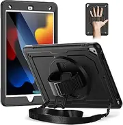 Timecity Case for iPad 9th/8th/7th Gen. iPad 10.2 inch case, with Screen Protector, 360 Rotating Stand, Hand Strap, Shoulder Strap, Full-Body Shockproof Protective Case - Black