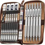 Nicpro 30PCS Silver Metal Mechanical Pencils Set in Leather Case, Art Drafting Pencil 0.5, 0.7, 0.9 mm, 2mm Lead Pencil Holder for Sketching Drawing With 16 Tube (6B 4B 2B HB 2H 4H Colors)Lead Refill