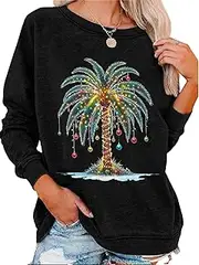 [LLHXRUI] Christmas Palm Tree Sweatshirt Women Casual Hawaiian Christmas Shirt Long Sleeve Tropical Beach Christmas Clothes Top