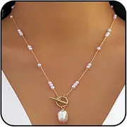 [Stringex] Vintage Baroque Pearl Pendant Necklace for Women Boho Gold OT Buckle Choker Necklace Beads Chain Link Necklace Jewelry Accessories