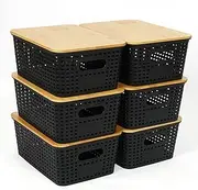 [UHAPEER] Storage Box with Bamboo Lid, 6 Pieces Storage Basket, Plastic Basket Storage, Kitchen Organiser Black, Stackable Storage Boxes, Box with Lid, 25.6 x 18 x 10.7 cm
