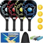 Pickleball Set with 4 Premium Wood Paddles, Cushion Comfort Grip, 4 Cooling Towels, 4 Pickleball Balls & Carry Bag, Gifts for Men Women