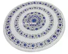 24" White Marble Side Round Coffee Table Top Lapis Lazuli Mosaic Inlay Decor