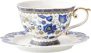Fine Bone China British Coffee Cup and Saucer Set, Blue Floral Vintage Porcelain Tea Cup Ceramic Coffee Cup and Saucer Set (Color : Blue, Size : One Size)