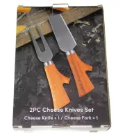2 PIECE CHEESE KNIVES SET INCLUDES 5-1/2" LONG KNIFE & FORK W/ WOOD HANDLES NIP