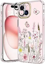 luolnh Compatible with iPhone 15 Case,for Women Girls,Shockproof Clear Floral Pattern Hard Back Cover for iPhone 15 6.1" 2023 (Butterfly&Pink Flower)