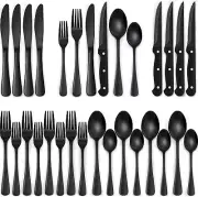 24-Piece Black Silverware Set with Steak Knives, Black Flatware Set for .....