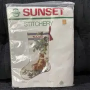 NEW Vintage Christmas Stocking SUNSET STITCHERY Snow Bunnies Crewel Needlepoint