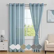 DWCN Sheer Linen Curtains Blue with Tiebacks, Eyelet Semi Blended Sheer Curtains Privacy Vertical Window Curtains & Drapes with Light Through for Bedroom Living Room, Each W132cm x D214cm, Set of 2