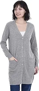 [Cashmeren] Long Profile Button Front Cardigan 100% Pure Cashmere V Neck Fashion Long Sleeve Sweater Coat for Women