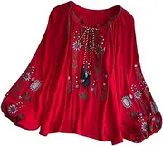 [Vaveren] Embroidery Blouse for Women Lightweight V Neck Mexican Bohemian Blouse for Party