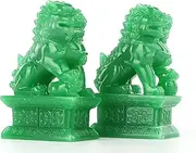 Wealth Porsperity Pair of Fu Foo Dogs Guardian Lion Statues + Free Set of 10 Lucky Charm Ancient Coins on Red String,Best Housewarming Congratulatory Gift to Ward Off Evil Energy,Feng Shui Decor