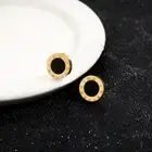 Round Roman Numerals Women Men'S Earrings Gothic Black Enamel Studs Ear Stainles
