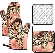 4 pcs Oven Mitts and Pot Holders Set 500°F Heat Resistant Oven Gloves and Hot Pads Kitchen Mittens Striped Leopard Cooking Gloves Potholders for Baking Grilling