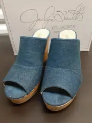 JACLYN SMITH Platform Slip On Sandals Wedge Shoes 7 M Denim Cork Blue Open Toe