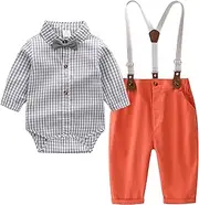 [Boarnseorl] Baby Boys Gentleman Bowtie Red Plaid Shirt and Blue Pants Outfits Suits, Infant Suspender Overalls Clothes Sets