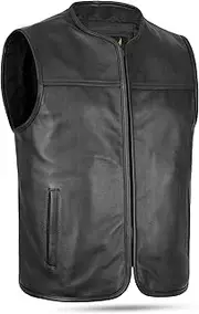 [Leatherick] Men's Genuine Cowhide Leather Motorcycle Vest - Classic Biker Vest with Front Zip for Comfort and Timeless Style