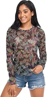 [RPLIFE] Colorful Feathers Floral Womens Mesh Sleeve Top, Long Sleeve Sheer Shirt S-XXL