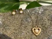 NOS Vintage DCE Curtis Gold Filled Heart Opal Filigree Pendant & Earring Set 16"