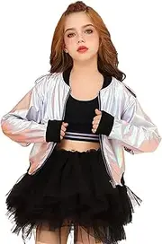 [Perfashion] Metallic Bomber Jacket for Girls Zip Up Cropped Jacket Sparkly Lightweight Coat Windbreaker with Pockets