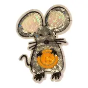 MOUSE SEWING PATCH SILVER SEQUINS SO COOL! Iron On Patch + ONE FREE STICKER
