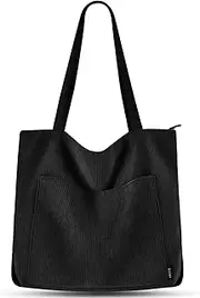 [Prite] Corduroy Tote Bag for Women Large Shoulder Bag with Zipper and Pockets for College School Work Travel Shopping