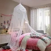 Bed Canopy for Kids with Lights, Round Dome Girl Dreamy Princess Mosquito Net with Star Decor Child Hanging Bedding House Decor Bed Canopies for Nursery Room Crib Kid Bed Castle Play Tent Reading Nook