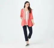 New LOGO by Lori Goldstein Sz M Cardigan w/ Lace Hi-Low Hem Coral