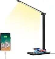 Table Lamp, Desk Lamp LED 5 Colours and Continuous Dimming Daylight with 10 W Wireless Charger and Timmer Silent Light with Memory Function Eye-Friendly Reading Lamp for Learning Work Black