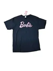 Barbie T-Shirt Women LG Barbie Spelled Pink On Black Tee Retro Logo Cotton NWT