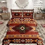Feelyou Southwestern Geometric Duvet Quilt Kids Southwest Native Bedding Set Full Size Tribal Orange Red Comforter Set for Women Men Room Decor Breathable Soft Microfiber Modern Art With 2 Pillow Case