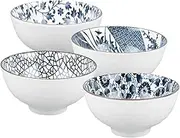 4Pcs Japanese Rice Bowls, Blue Ceramic Tableware, Oriental Deep Dinnerware Bowl Set, Serving Bowls for Miso or Noodle Soup High, Temperature Firing, Gift Set