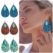 Vintage Embossed Leather Water Drop Shape Blue Turquoise Stone Dangle Earrings