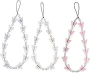 3 Pcs Phone Lanyard Wrist Strap,Crystal Butterfly Pearl Beaded Phone Charm Strap Hand Wrist Lanyard Acrylic Beads Pearl Bracelet Keychain Cell Phone Accessory for Women Teens Girl, moderate, Plastic,