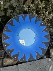Vintage Hand carved painted wooden blue sun sky mirror wall plaque hanging