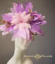 Aimee Fuller Lavender Kentucky Derby Hat Pink Big Ascot Fascinator Gold Leaf