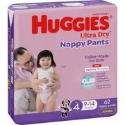 Huggies Ultra Dry Nappy Pants Girls Size 4 (9-14kg) 62 pack