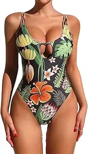 [NEOFEN] Women's One Piece Swimsuit V Neck Tummy Control Swimming Costume Double Adjustable Straps Back Cutout