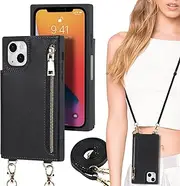 Cavor Flip Folio Cover for iPhone 13 Mini Case (5.4") Crossbody PU Leather Wallet Card Slots Holder Kickstand & Shoulder Lanyard Strap Handbag Zipper Purse-Black