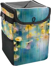 Car Trash Can with Lid and Storage Pockets Leak-Proof Organizer,Waterproof Garbage Can,Abstract Spring Flower